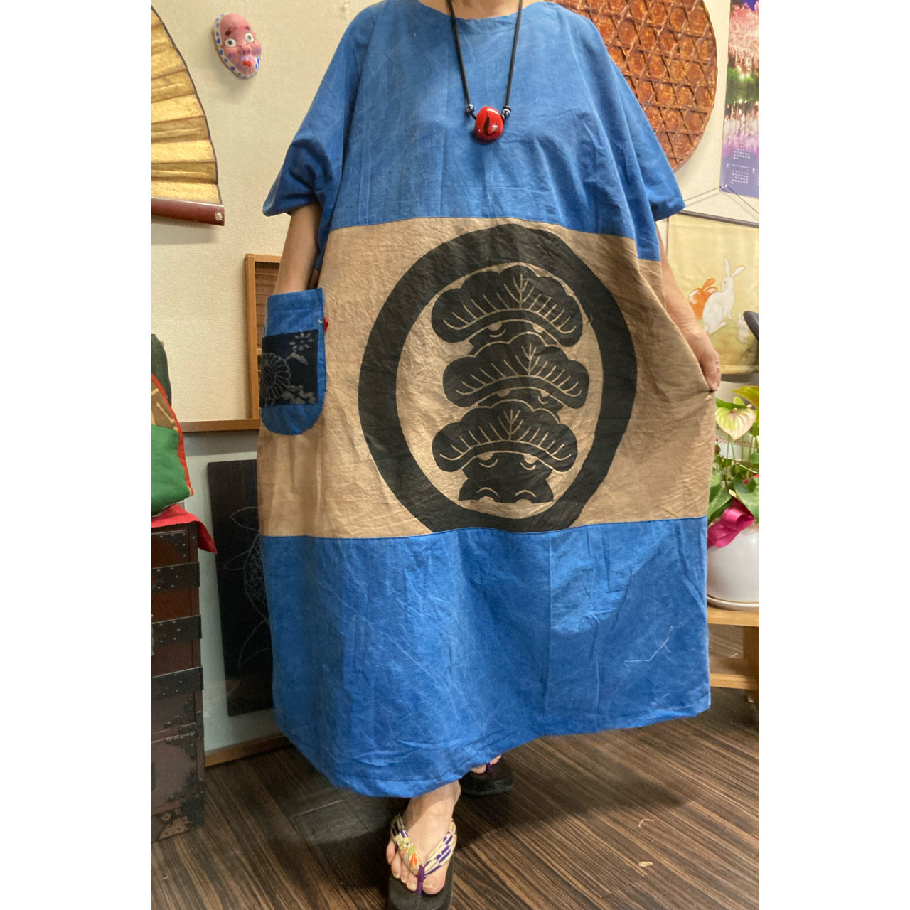 古布リメイク着物リメイク柿渋染め鳳凰と書生絣刺し子ロングワンピース