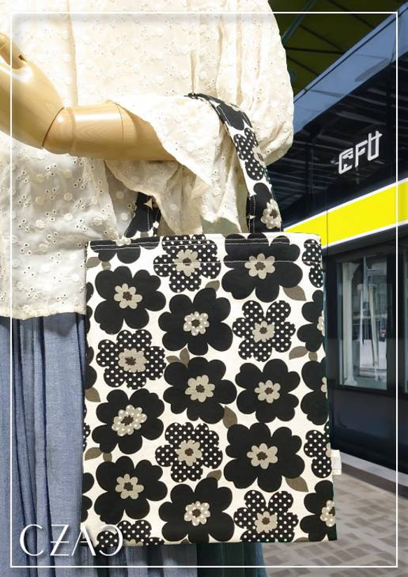 北欧風 花柄 ミニ トートバッグ ブラック トートバッグ coma zakka