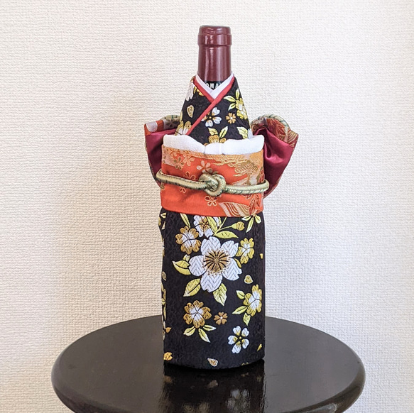 ボトル着物 黒桜 朱色帯 ワインボトル カバー その他インテリア雑貨