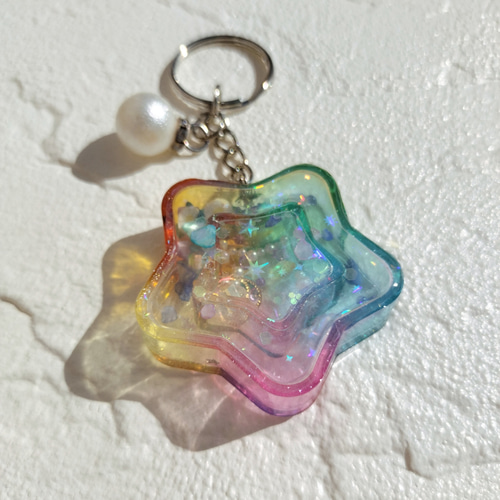 名前入り】虹色しゃかしゃかレジンのキーホルダー（キーリング）☆名