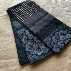 アンティーク大島紬のパッチワークストール　リバーシブル　青割り込み絣　ギフトに　着物リメイク 2枚目の画像