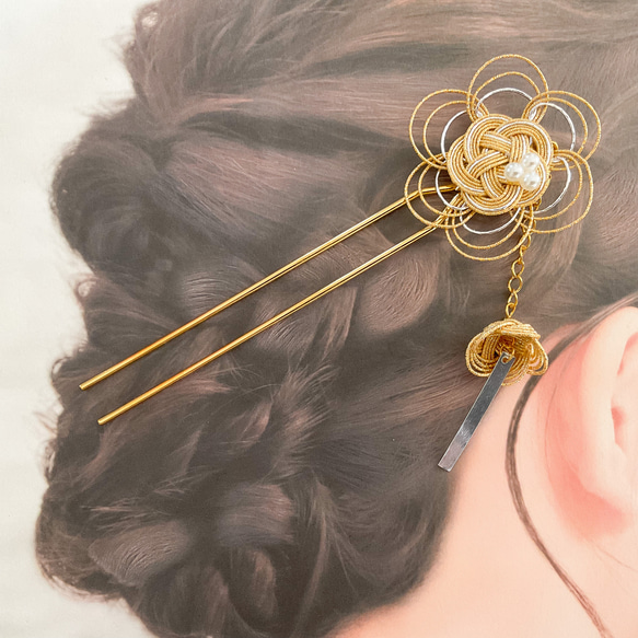 水引髪飾り　梅結び　かんざし　金銀　結婚式　留袖　振袖　着物の髪飾り　M142 2枚目の画像