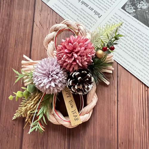 No.53 カラー八の字しめ縄リース2024 ハンドメイドお正月飾り 玄関