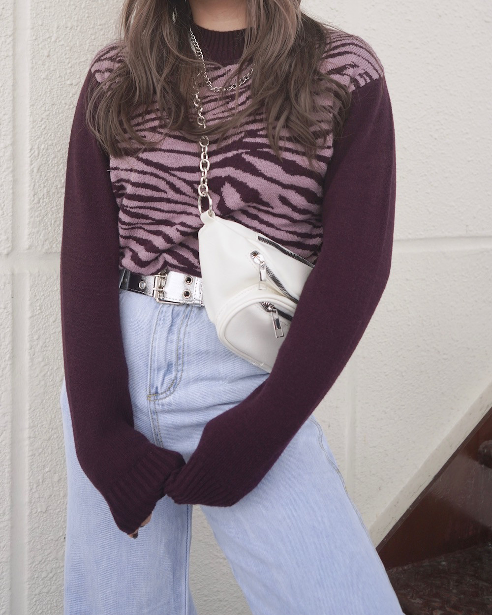 Zebra Pattern Mock Neck Knit Sweater dark purple ニット カジュアル