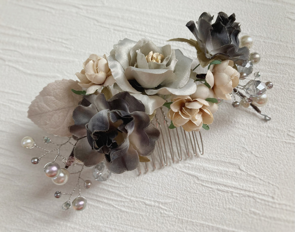 パールと花のヘッドドレス/ウェディング 成人式 和装/小枝 ミニ薔薇 4枚目の画像