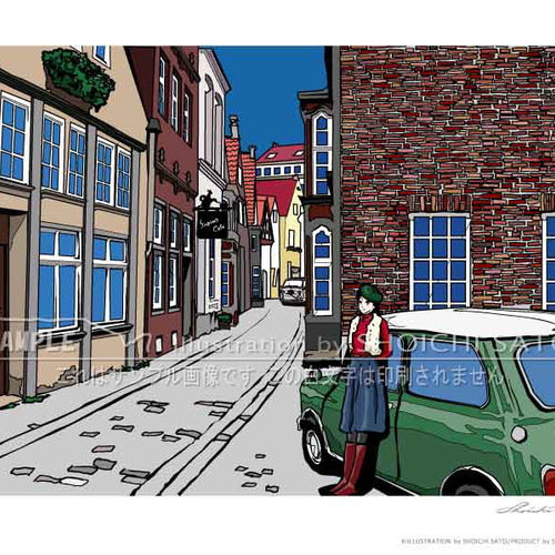 大特価セール ヨーロッパの風景イラストポスター「白昼夢の街角で」 A4サイズ 版画