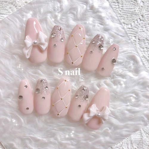 ネイルチップ ピンクベージュ リボン キルティング 韓国 フレンチ  