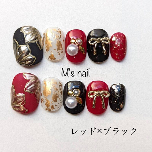 振袖レッドブラックリボンオーダーチップ 着物和柄成人式卒業式ネイル