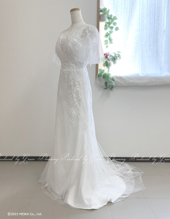 ウェディングドレス 袖付き ソフトマーメイド スレンダーライン ロングトレーン 二次会 白 花嫁 gcd_19500 2枚目の画像