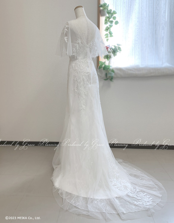 ウェディングドレス 袖付き ソフトマーメイド スレンダーライン ロングトレーン 二次会 白 花嫁 gcd_19500 6枚目の画像