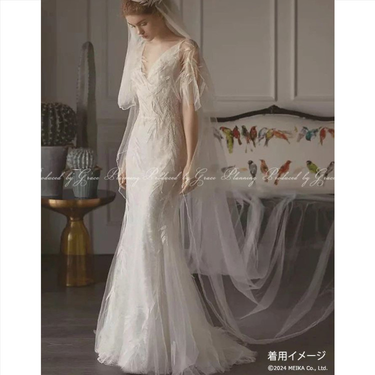 ウェディングドレス 袖付き ソフトマーメイド スレンダーライン トレーン ファスナー結婚式 白 花嫁 gcd_19500