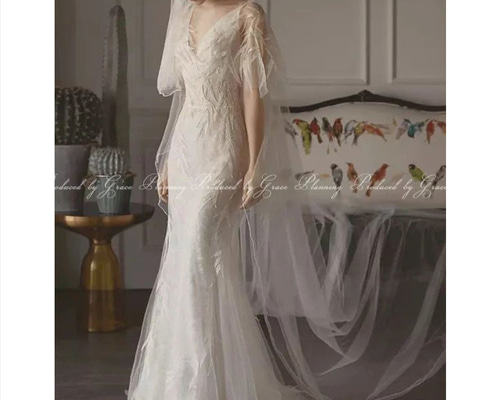 ウェディングドレス 袖付き ソフトマーメイド スレンダーライン