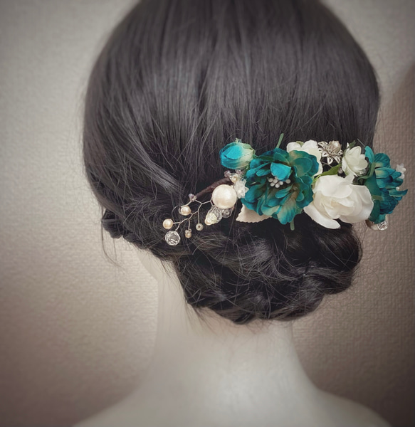 パールと花のヘッドドレス/ウェディング 成人式 和装/小枝 ミニ薔薇 5枚目の画像