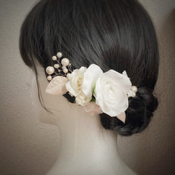 パールと花のヘッドドレス/ウェディング 成人式 和装/小枝 ミニ薔薇 3枚目の画像