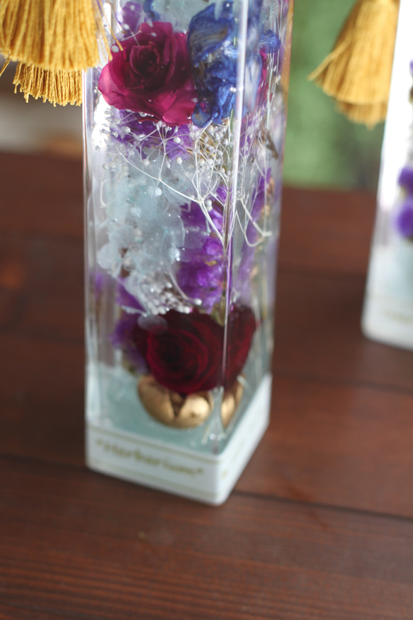 〘お供えハーバリウム〙M/Lサイズ　紫の薔薇が上品なお供え花　プリザーブドフラワー　お仏壇　贈り物　　 10枚目の画像