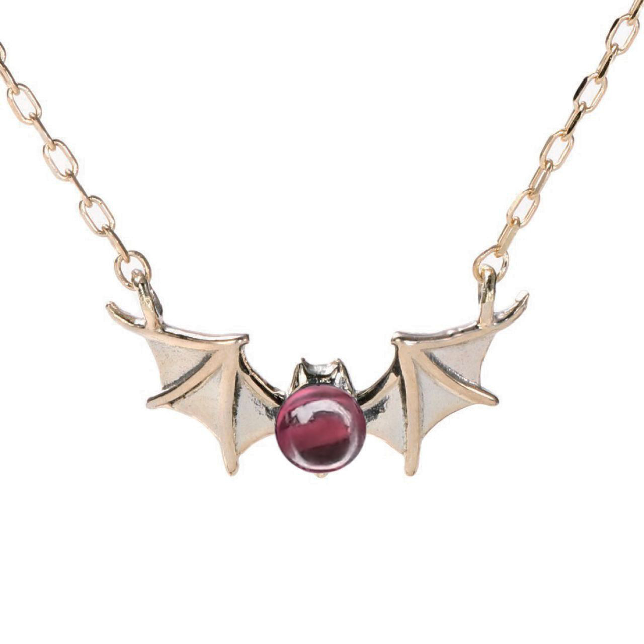 【受注制作/30日】こうもりのネックレス -ガーネット-（K10イエローゴールド製）