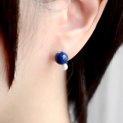 淡水珍珠和青金石耳環，手術不鏽鋼耳環，銀色，生日禮物，海軍藍 第5張的照片