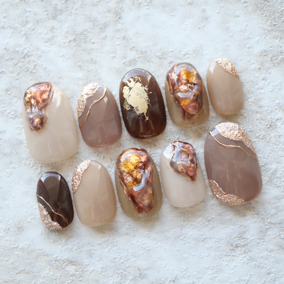 キャラメルニュアンス ネイルチップ キャラメル 秋ニュアンス ゴールドラインアートネイルチップ