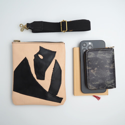 [獨一無二] 拉鍊小袋（皮革拼接/黑色） 皮革智慧型手機單肩包 第4張的照片
