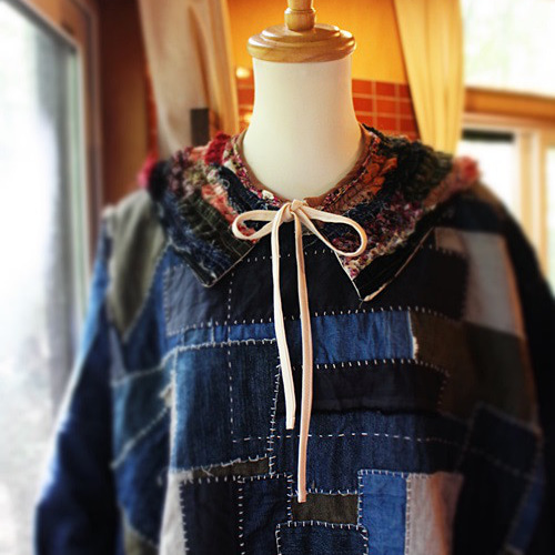 刺し子服、デニムパッチワークと手仕事刺し子のプルシャツ シャツ 衣