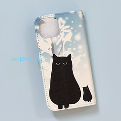 【受注生産】雪と黒猫 / ループセンスオリジナル手帳型スマホケース 2枚目の画像
