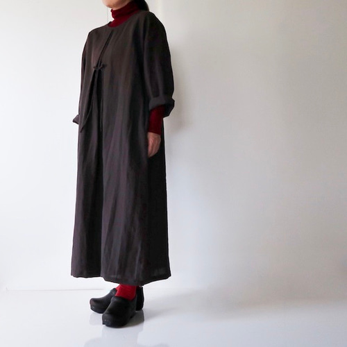 再販**チョコレートブラウン//天日干しリネン**小さいリボンとタックの