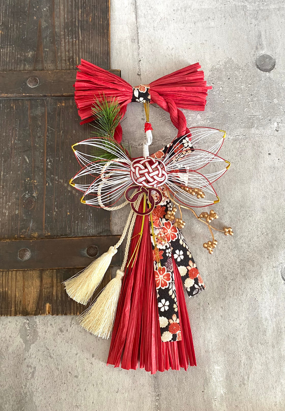 招福しめ縄飾り#お正月しめ縄飾り#和モダンしめ縄飾り 早割』☆新作 和モダンお正月飾り☆水引き鶴 和ふさ赤 しめ縄