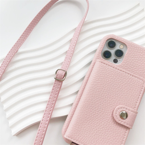 iPhone用 ピンク iPhone15/15Pro ストラップ付き スマホケース ショルダーストラップ 3枚目の画像