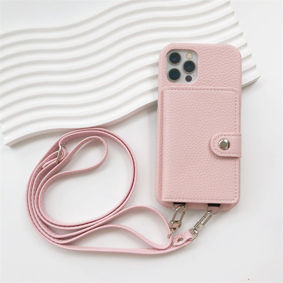 iPhone用 ピンク iPhone15/15Pro ストラップ付き スマホケース ショルダーストラップ 1枚目の画像