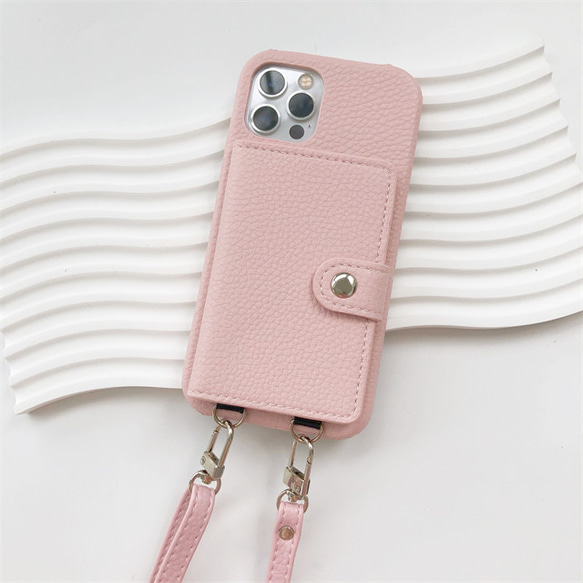 iPhone用 ピンク iPhone15/15Pro ストラップ付き スマホケース ショルダーストラップ 2枚目の画像