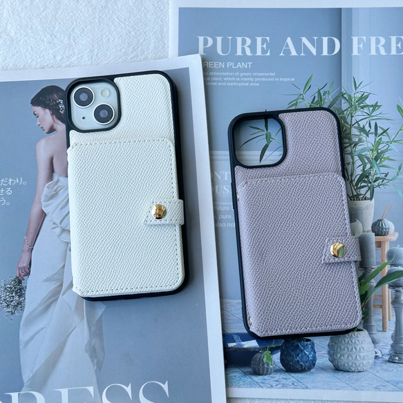 スマホショルダー iPhone 16 15 14 13 ケース カード収納 細いチェーン ストラップ 型押し 2枚目の画像