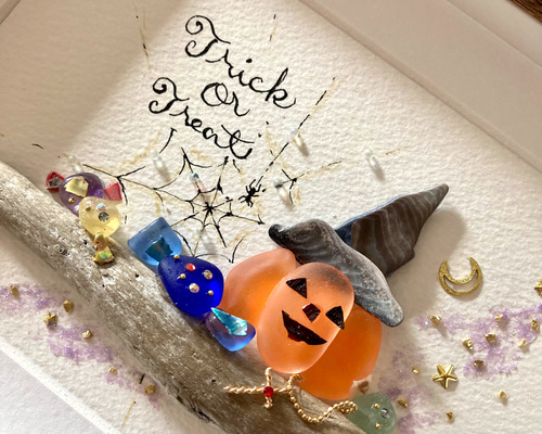 うさぎのハロウィン☆  シーグラス／天然石／フレームアート／壁掛け／原画／手描き シーグラスアート『指輪(誕生石)』 フレームアート/壁掛け