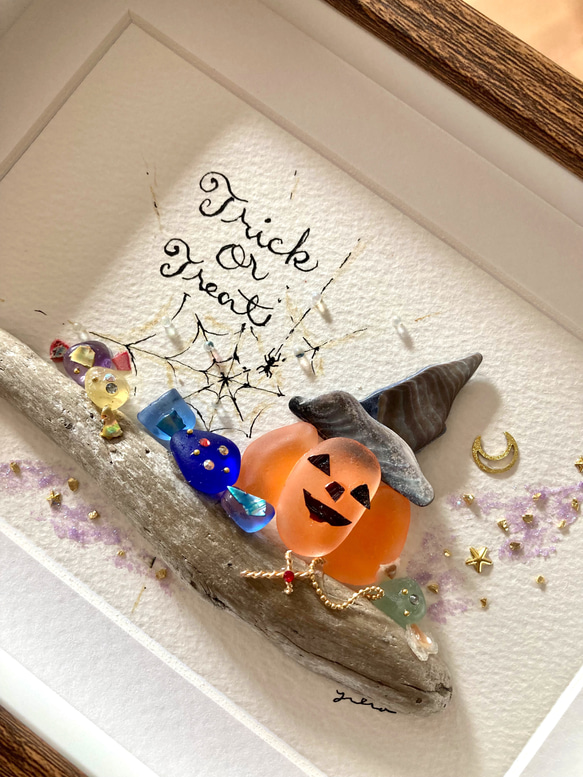 うさぎのハロウィン☆  シーグラス／天然石／フレームアート／壁掛け／原画／手描き シーグラスアート『指輪(誕生石)』 フレームアート/壁掛け