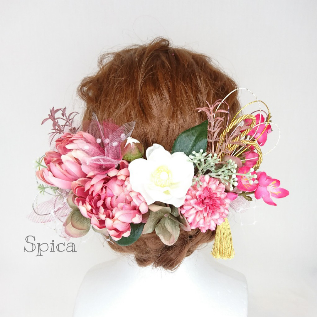 【一点限定】菊と梅と椿のヘッドドレス 成人式 卒業式 水引 タッセル 和装 ピンク 打掛 七五三 かわいい 袴 髪飾り
