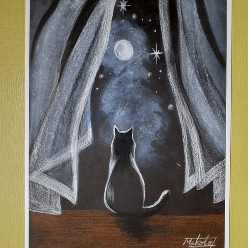 色鉛筆画 月見ネコ 絵画 makochin 通販 16535519｜Creema(クリーマ)