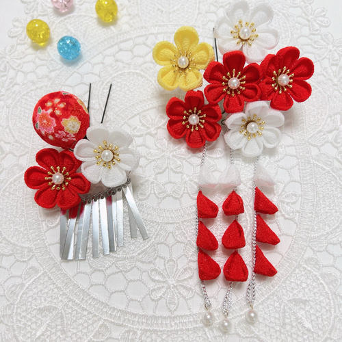 美品【三越】七五三用伝統的髪飾りセット　つまみ細工　銀ビラ　日本髪 美品【三越】七五三用伝統的髪飾りセット つまみ細工 銀ビラ