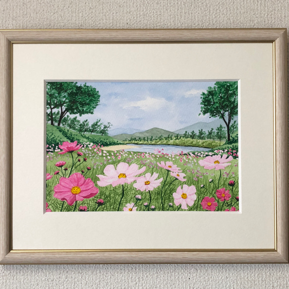 透明水彩画　原画　「花の咲く路地04」額縁付　SMサイズ