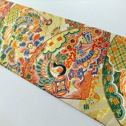 [(16)1727] 107cm/大正、昭和時代腰帶重製/扇面花鳥圖案/桌巾掛毯 第3張的照片