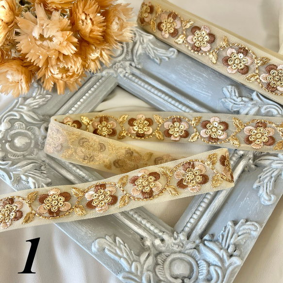 50cm  インド刺繍リボン チュール  花柄 3枚目の画像