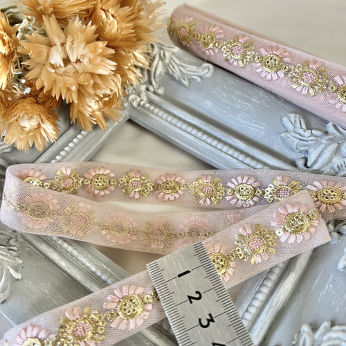 50cm インド刺繍リボン チュール 花柄 #nt33 リボン・テープ La grace