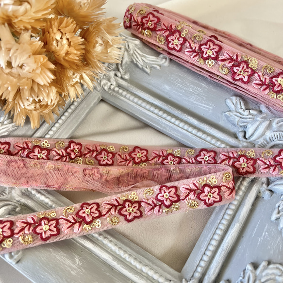 50cm  インド刺繍リボン チュール  花柄 4枚目の画像