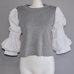 Puff Sleeve Blouse Docking Tops (light gray) ニットセーター 灰色 レトロ 3枚目の画像