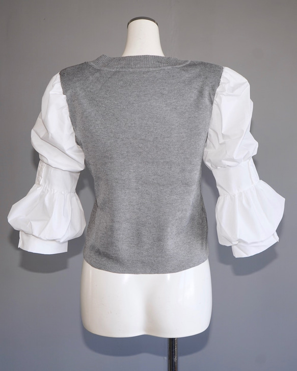 Puff Sleeve Blouse Docking Tops (light gray) ニットセーター 灰色 レトロ 5枚目の画像