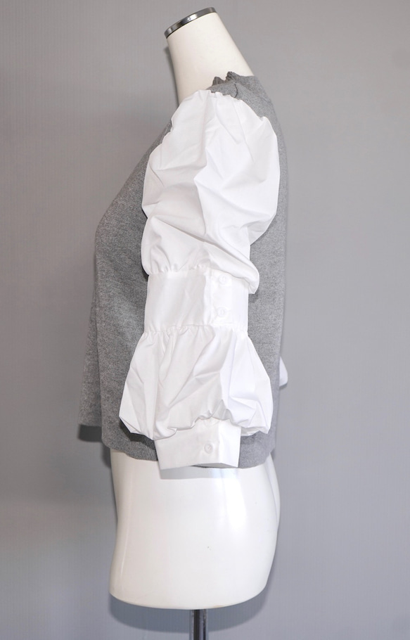 Puff Sleeve Blouse Docking Tops (light gray) ニットセーター 灰色 レトロ 4枚目の画像