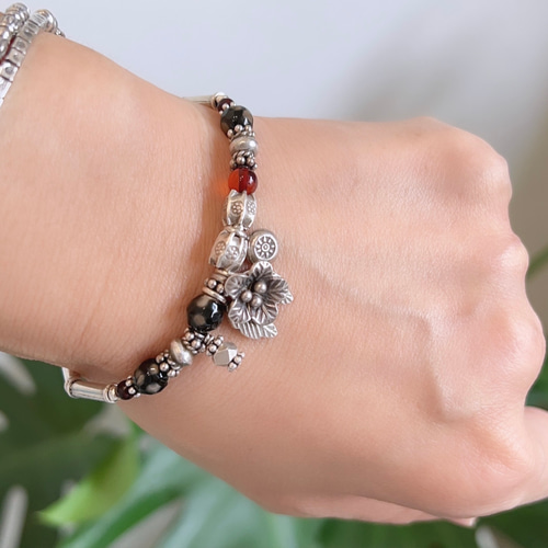 赤琥珀 ダルメシアンジャスパー カレンシルバー ブレスレット 純銀