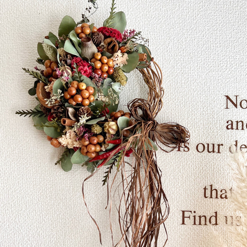 ミモザとユーカリの実のグリーンリース＊ドライフラワー◎約20センチ 一点物【ふわふわミモザ】もりもりミモザと2種のユーカリのナチュラル