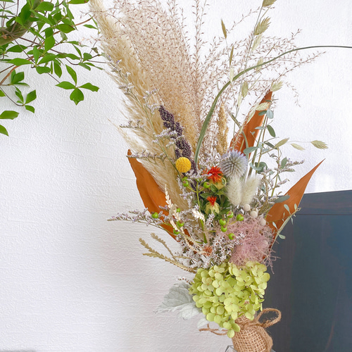 壁掛けお月見ガーランド　秋色紫陽花　パンパスグラス　おたふく南天 壁掛けお月見ガーランド秋色紫陽花パンパスグラスおたふく南天