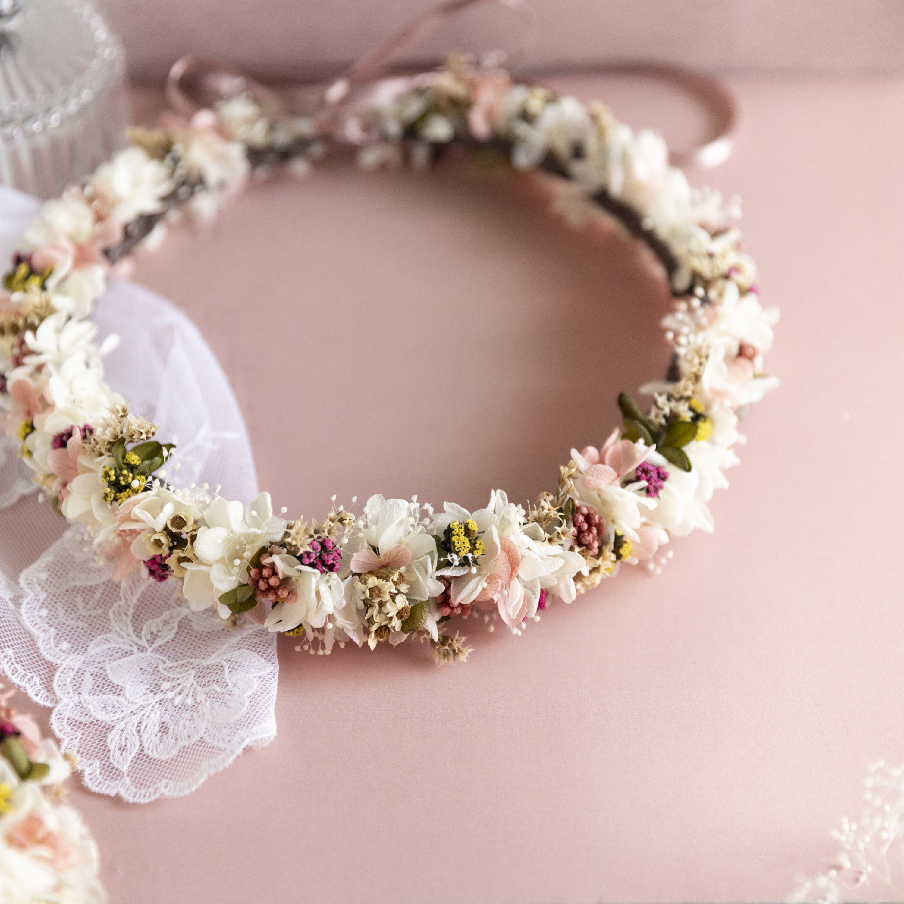 ダスティピンク紫陽花と小花の細み花冠 オーダー受付