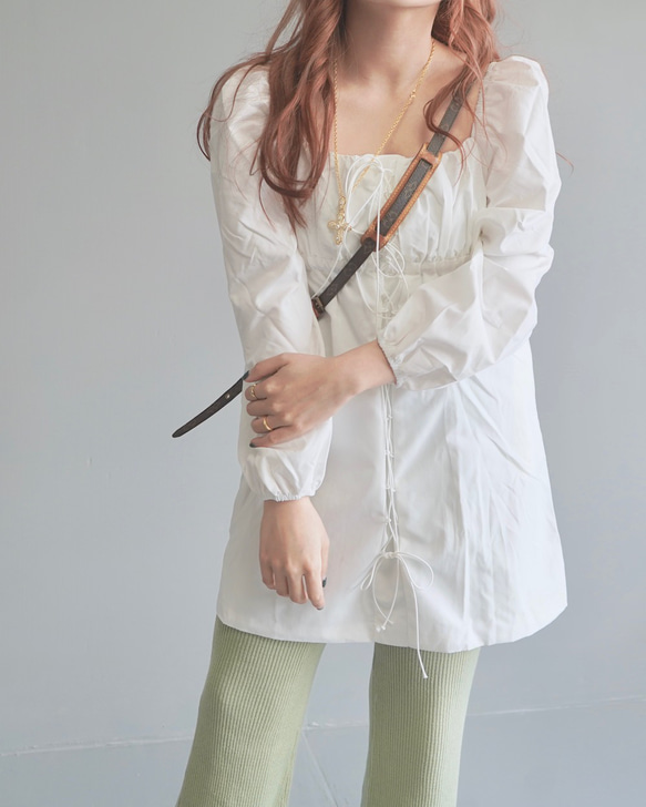 Lace-Up Puffsleeve Mini Onepiece（white） ミニ丈ワンピース ホワイト 白 レトロ 1枚目の画像