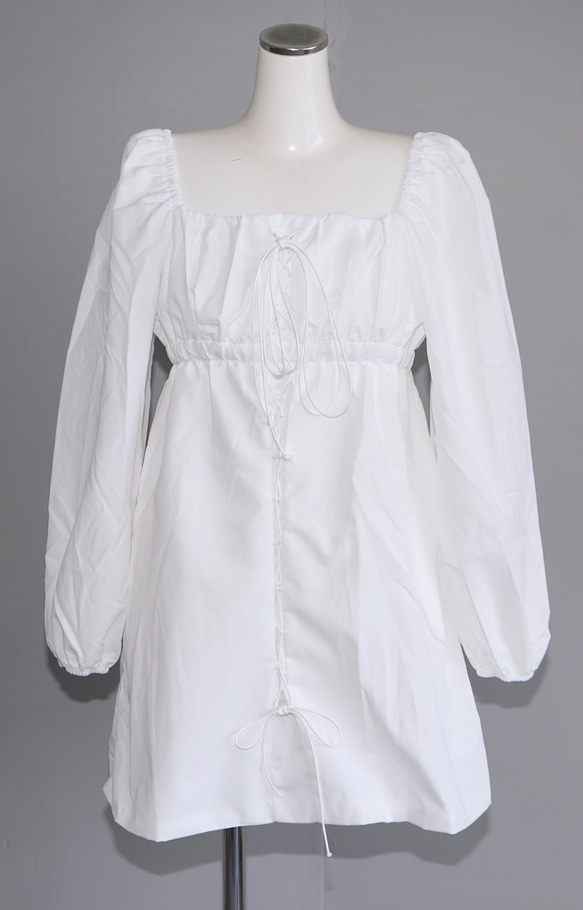 Lace-Up Puffsleeve Mini Onepiece（white） ミニ丈ワンピース ホワイト 白 レトロ 7枚目の画像